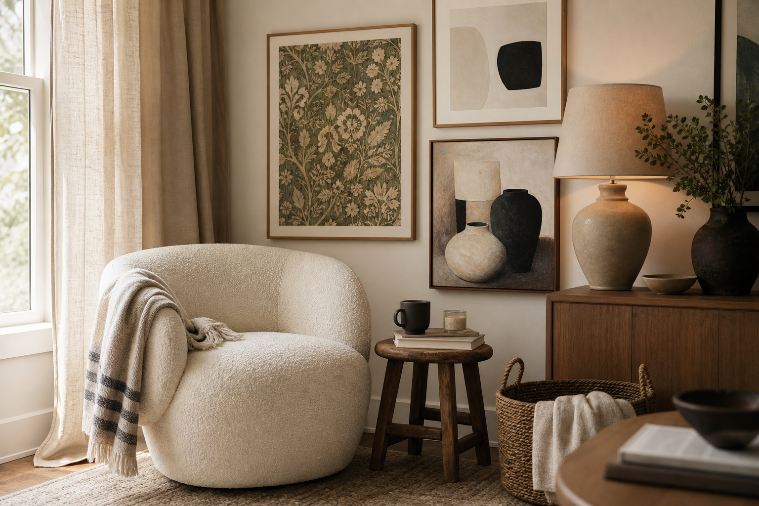 Boho reading corner with layered wall decor