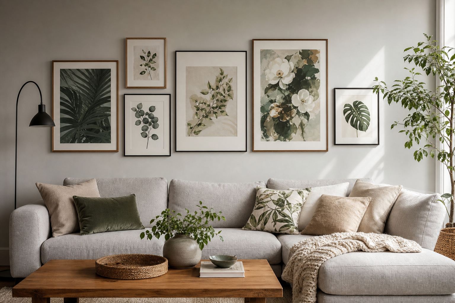 Living room sofa wall with botanical art arrangement