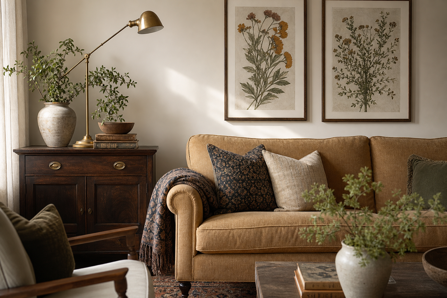 Traditional living room with vintage botanical framed art