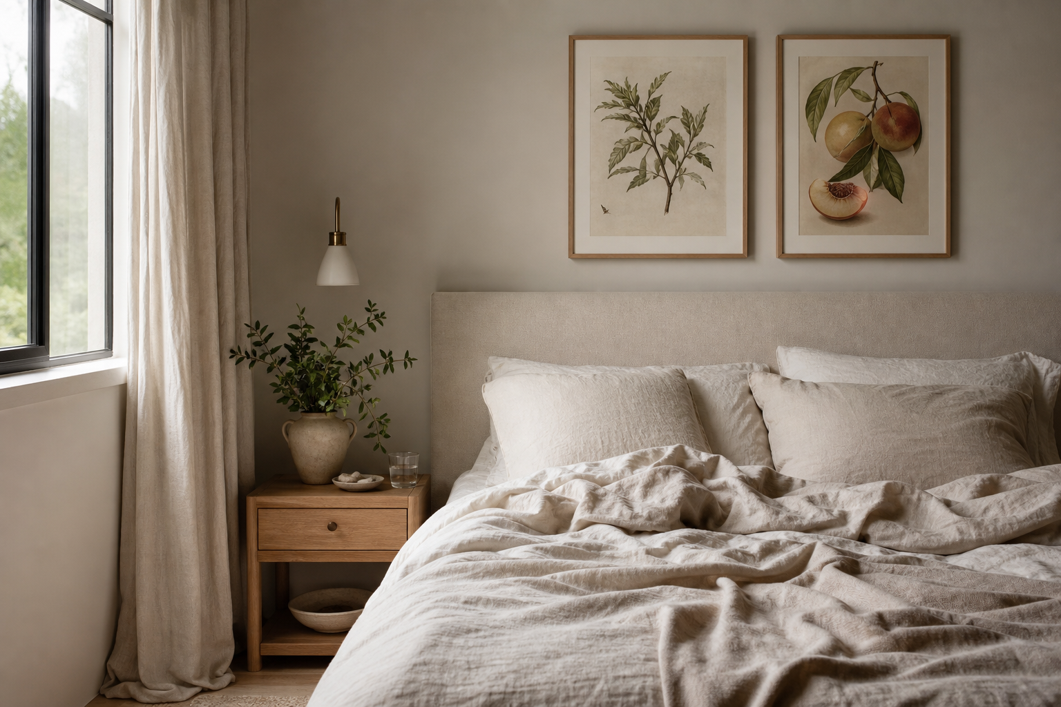 Bedroom styled with vintage peach botanical wall art