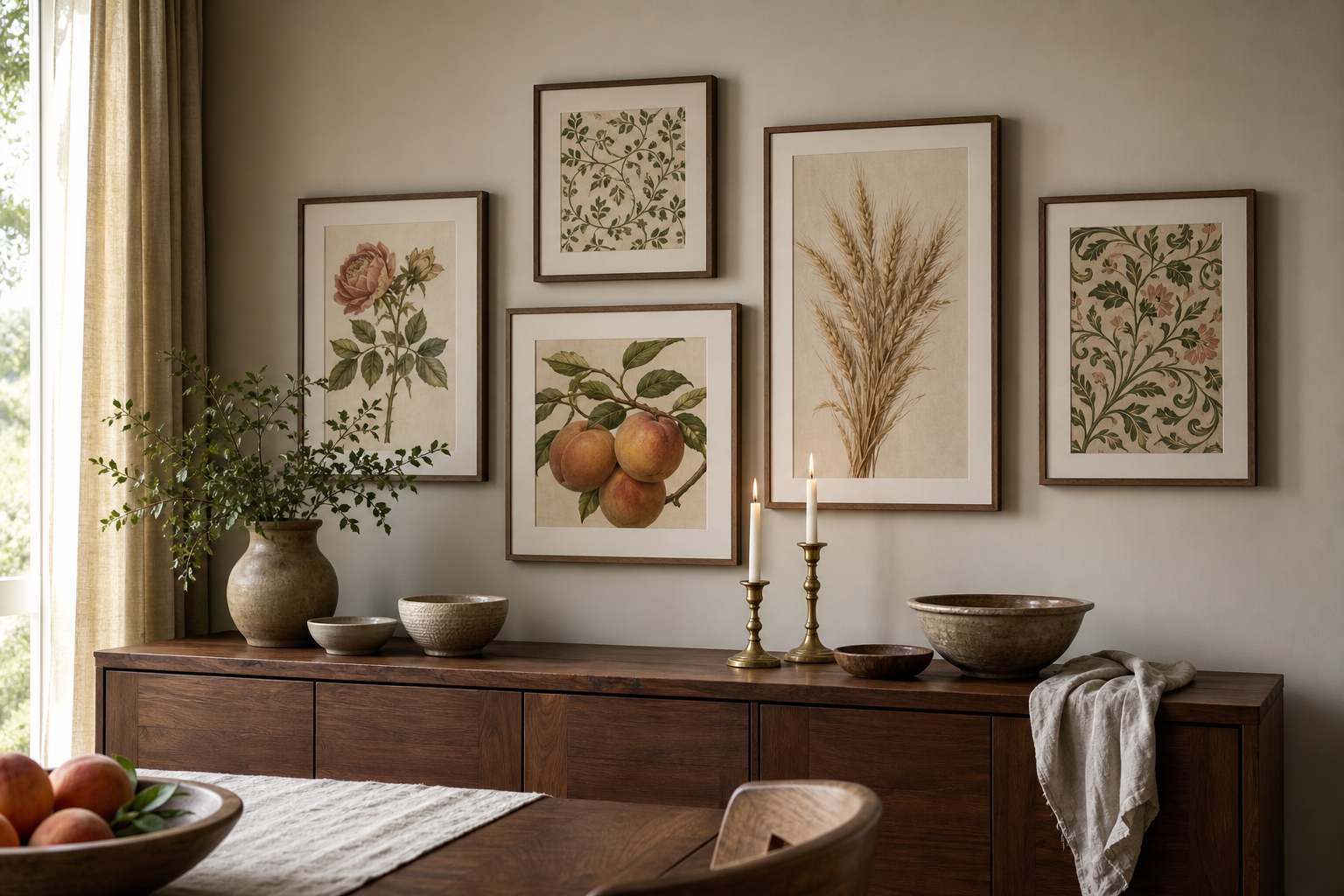 Dining room gallery wall with peach art, florals, and vintage botanicals