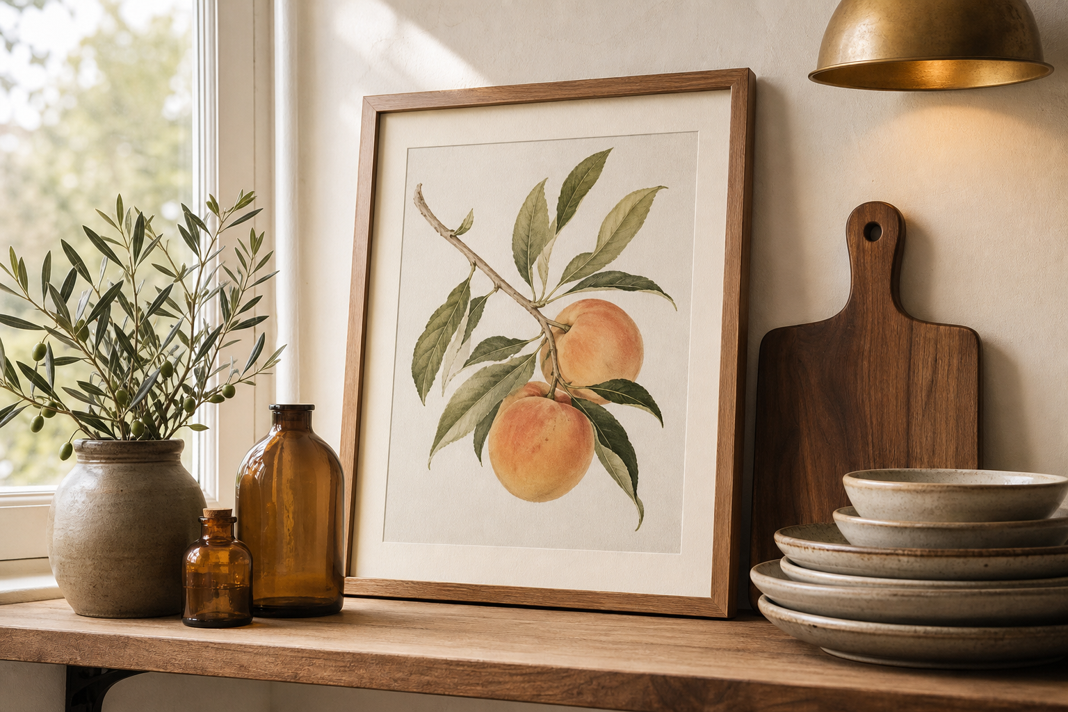 Styled shelf with peach botanical art and autumn-toned decor
