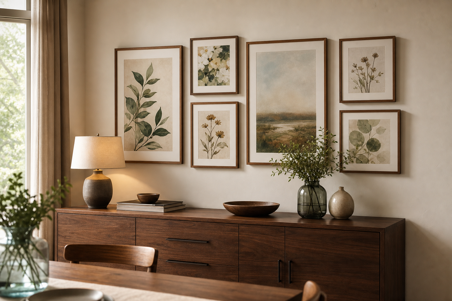 Botanical gallery wall arranged above a sideboard