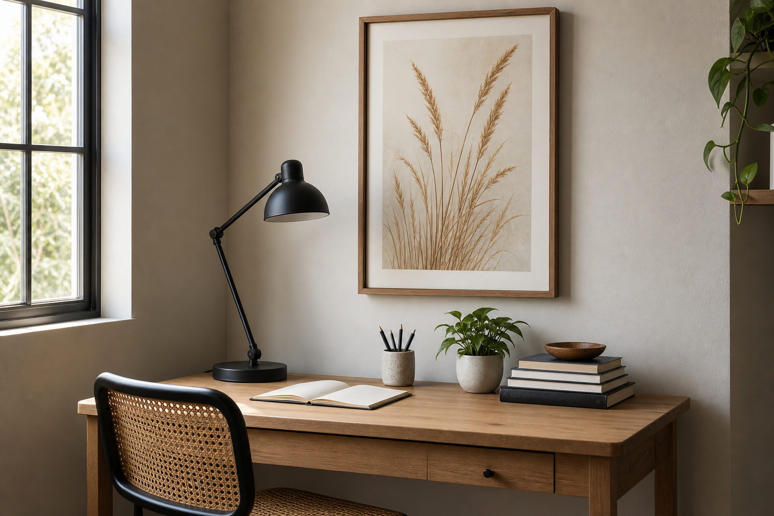 Home office with botanical wall art above a desk