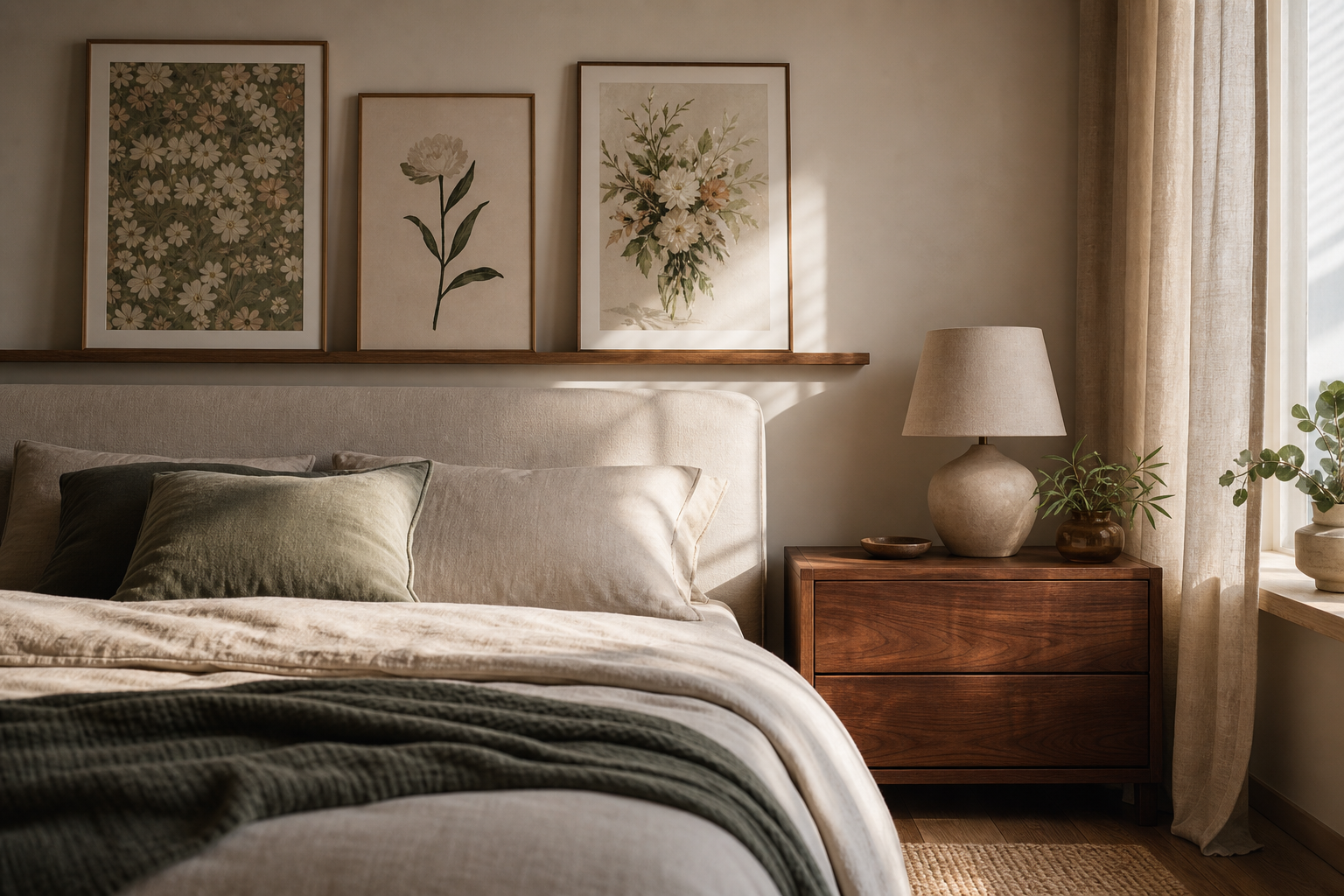 Different botanical art styles in a bedroom corner