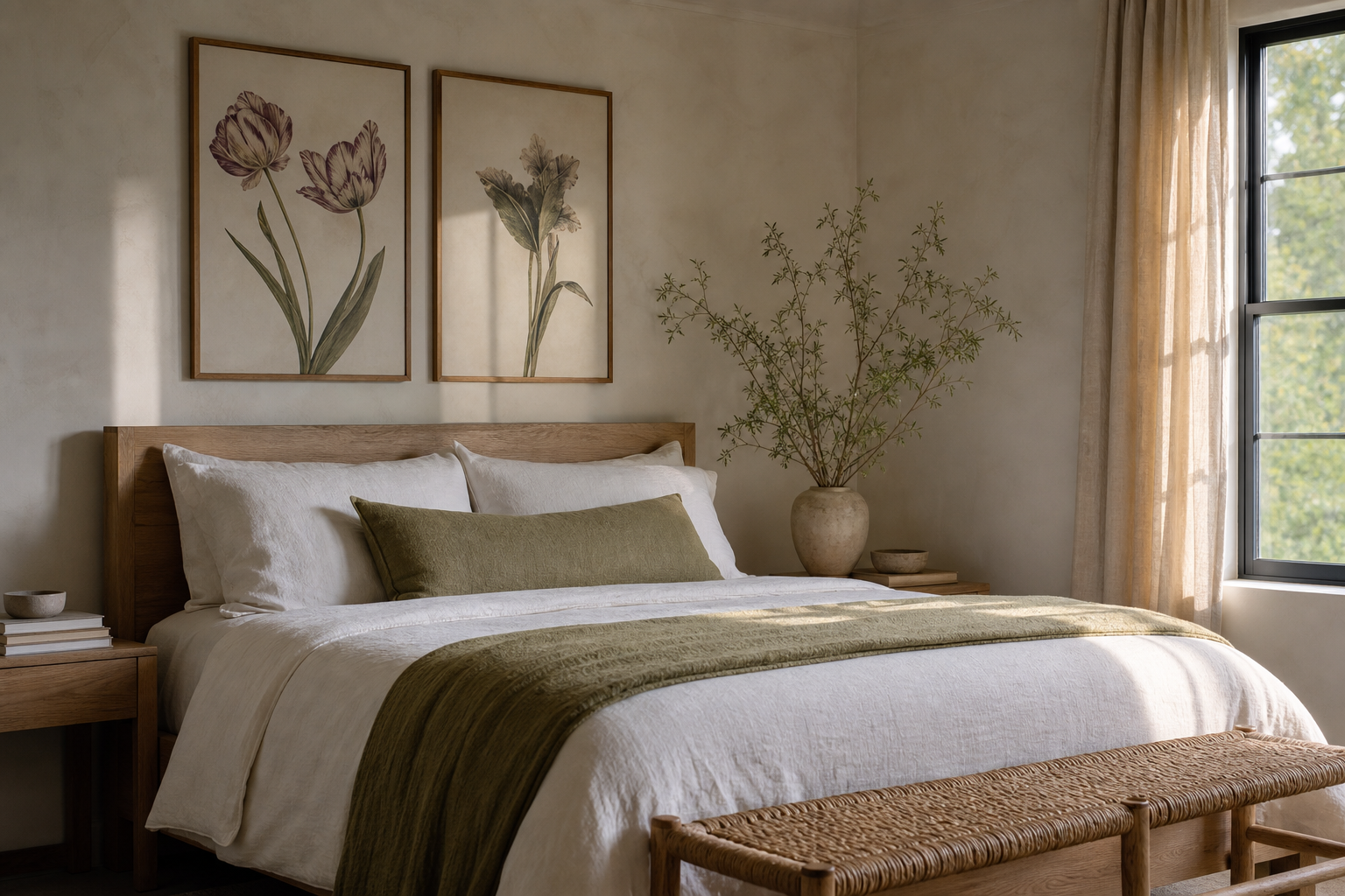 Bedroom with layered vintage botanical decor