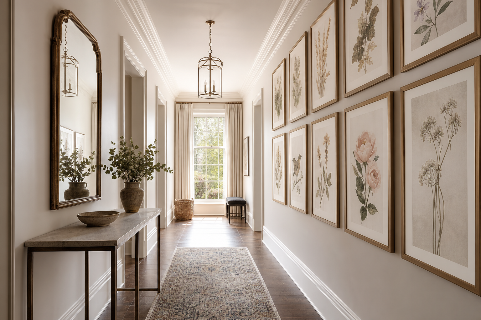 Curated hallway gallery wall with botanical and vintage art