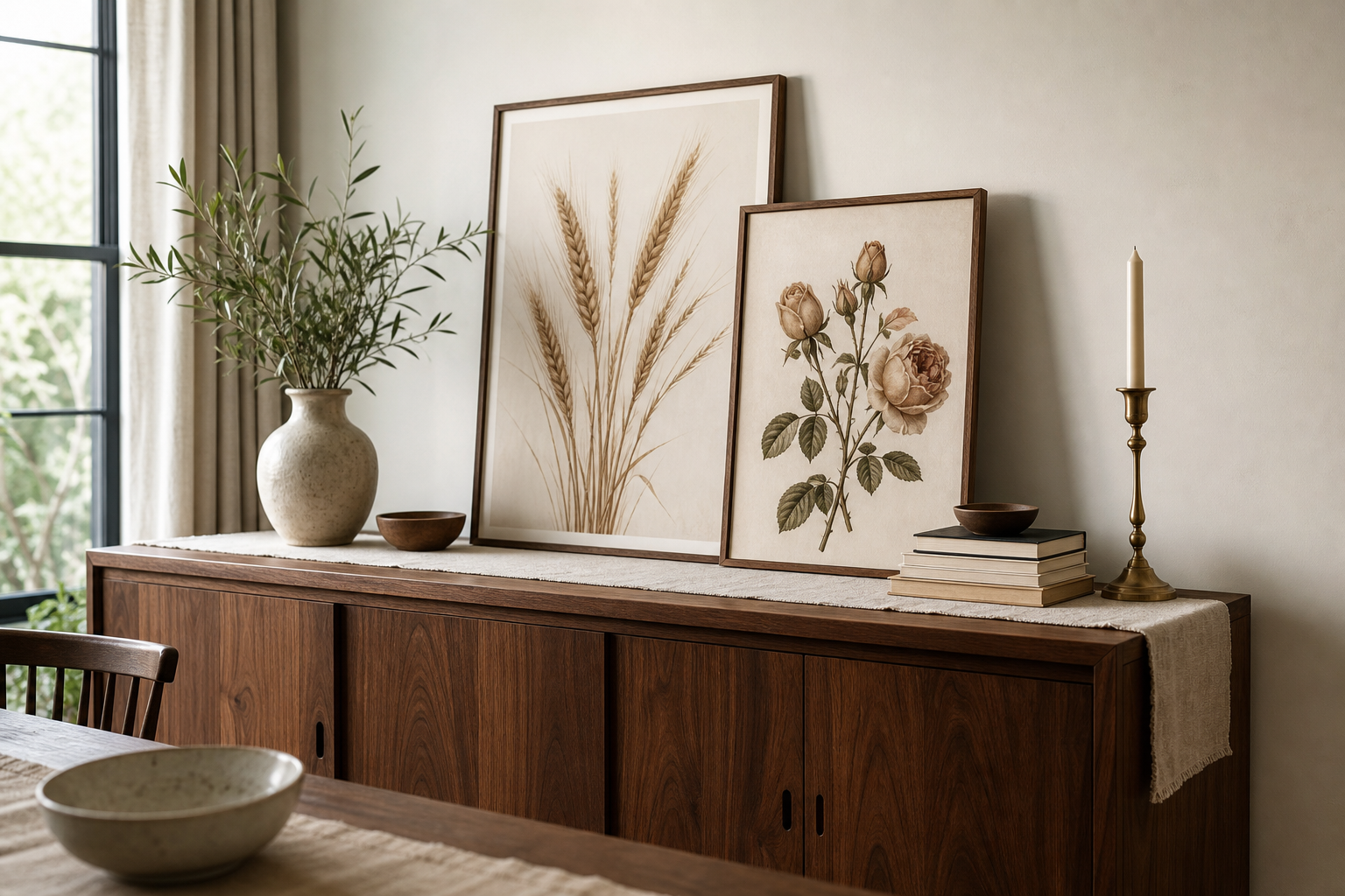Botanical prints above a sideboard in a warm neutral room