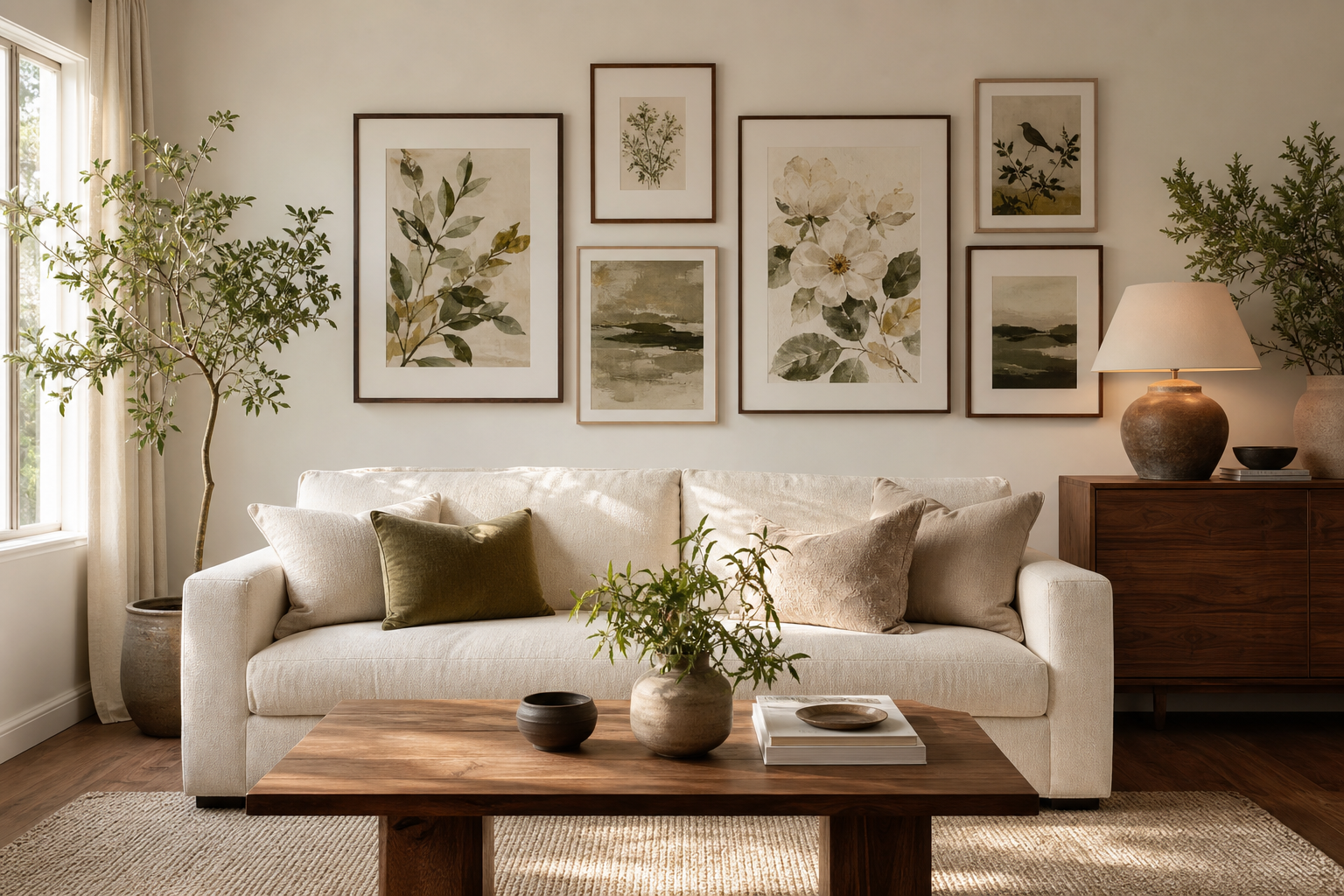 Living room gallery wall mixing botanical and nature-inspired framed art