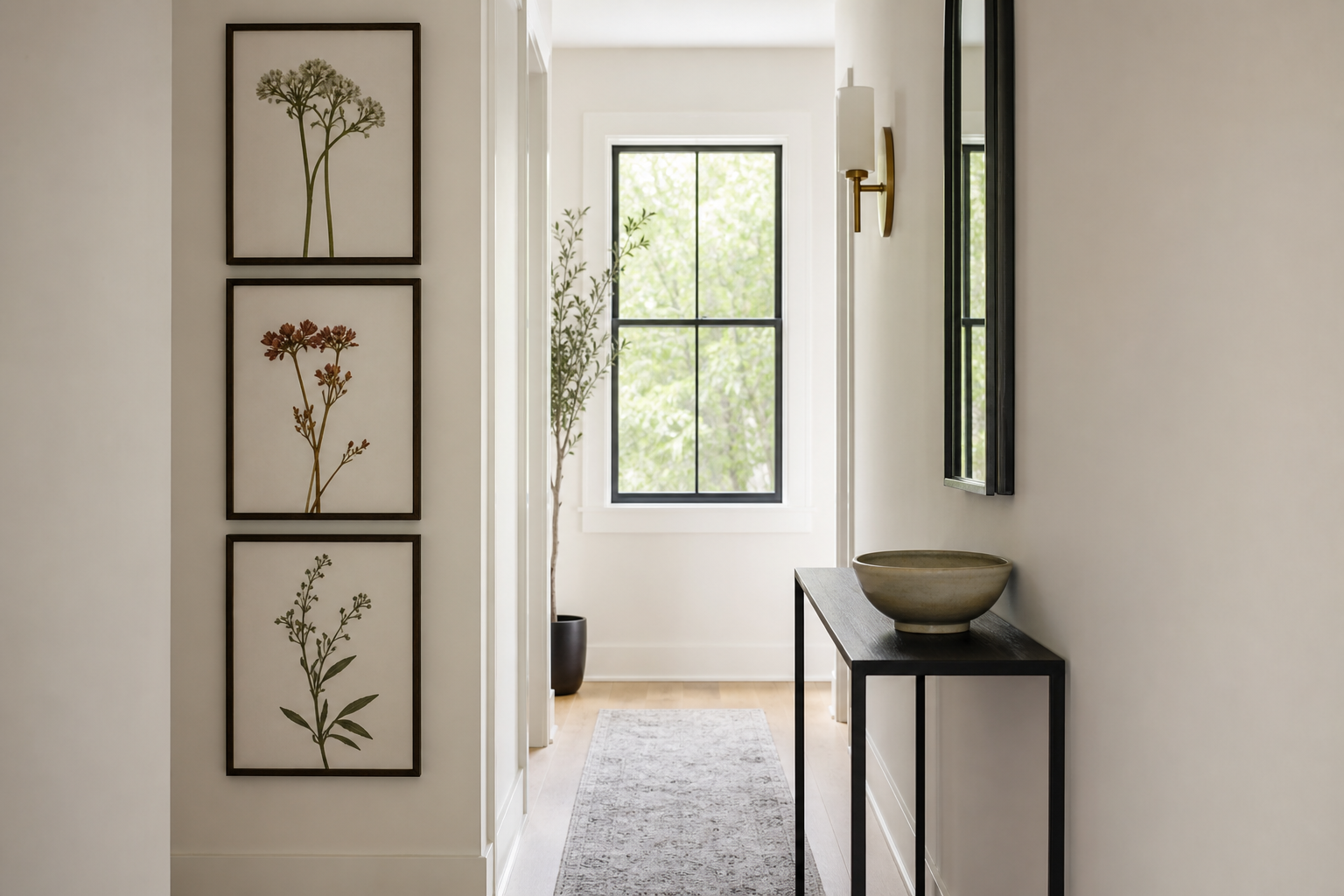 Hallway with vertically arranged botanical prints