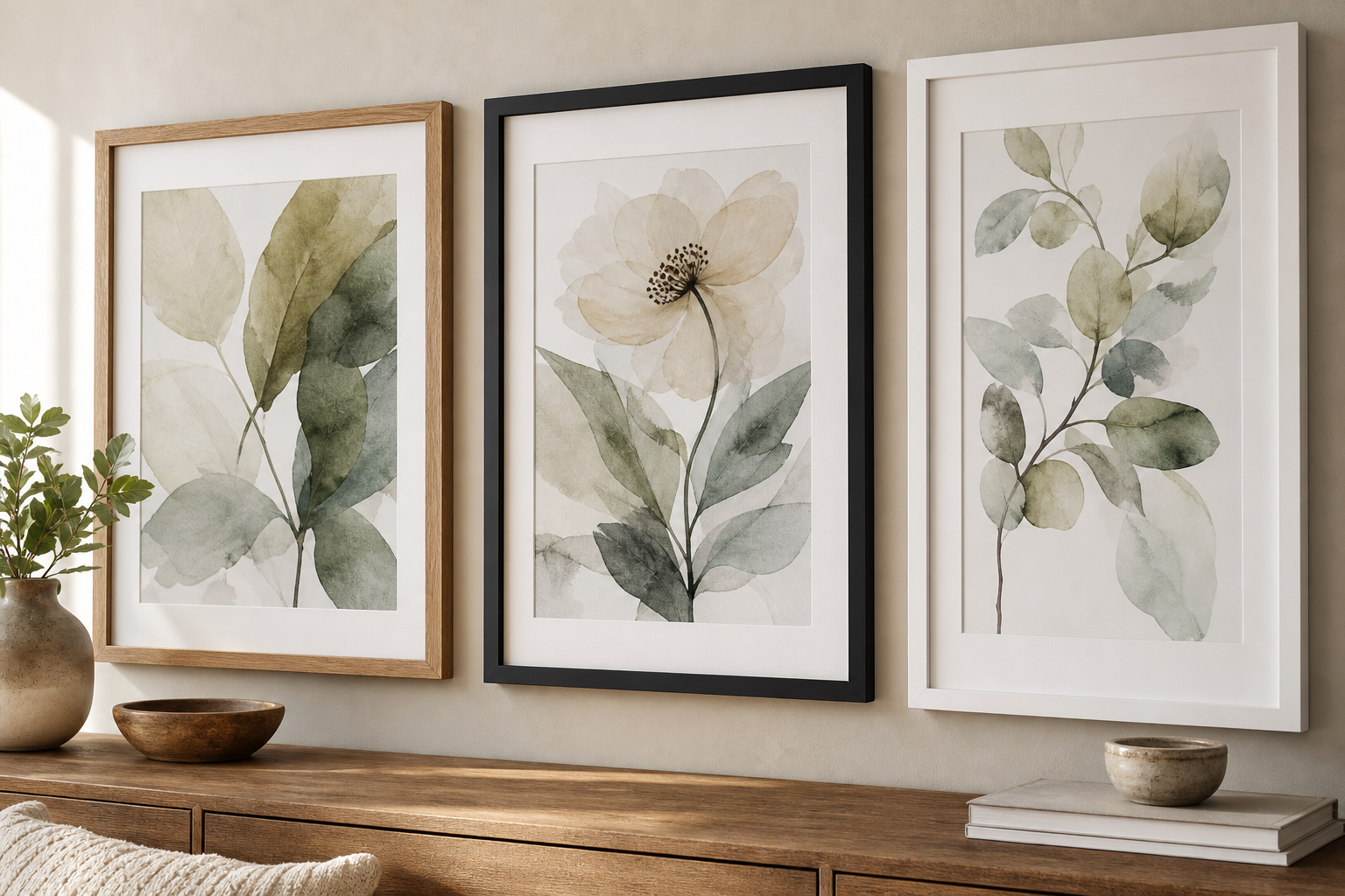 Close-up of botanical print frames and matting