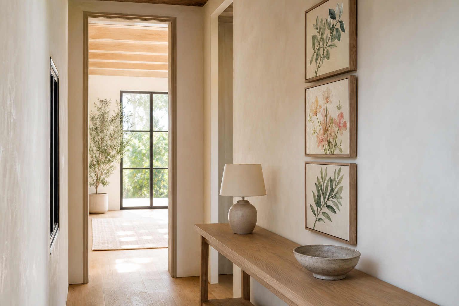 Hallway with a vertical arrangement of botanical art