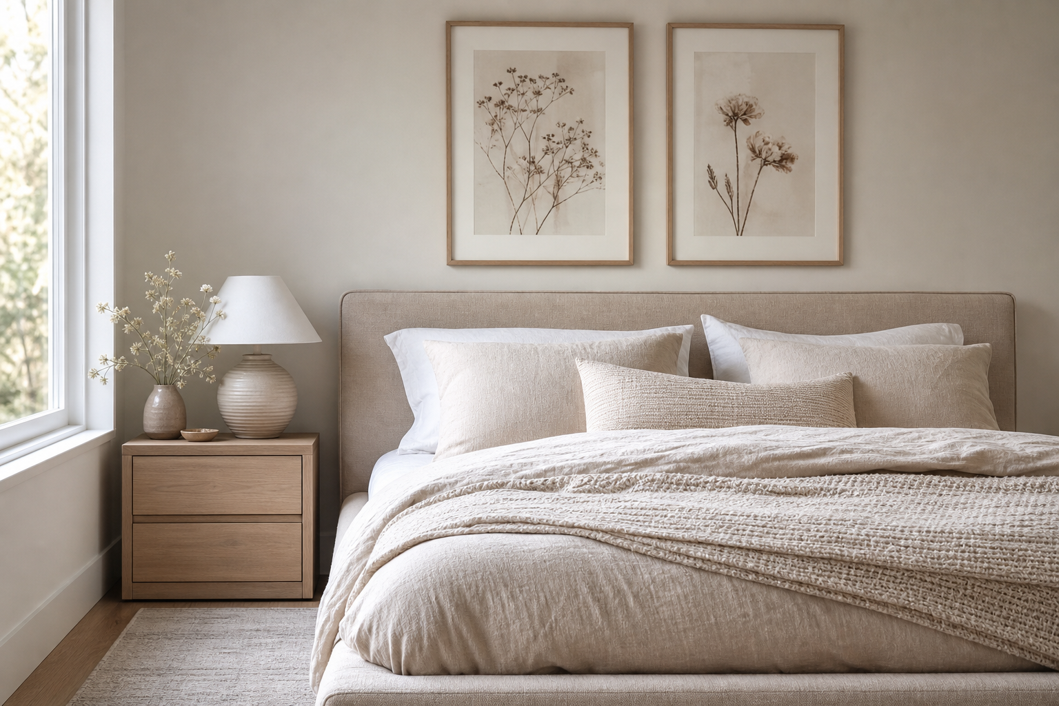 Bedroom with soft botanical wall art