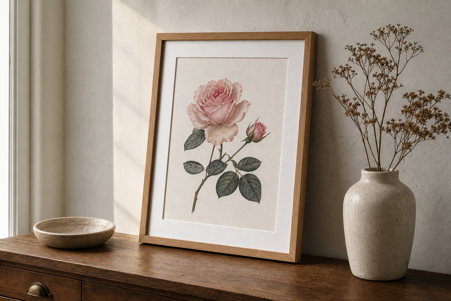 Close-up of botanical artwork in oak frame with white mat