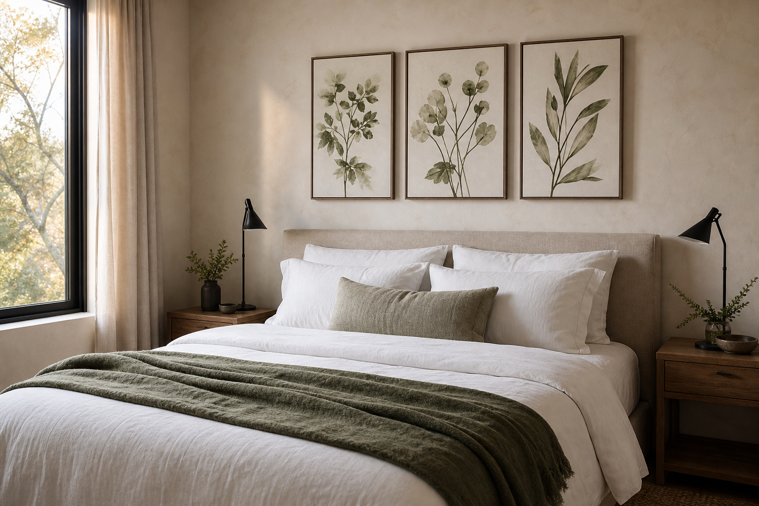 Botanical wall art arranged above a bed