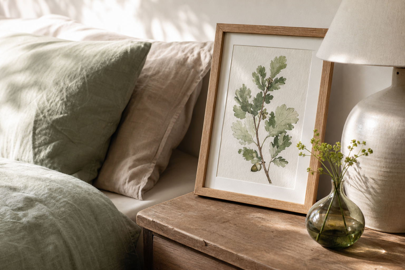Close-up of botanical print in oak frame beside bedroom textiles