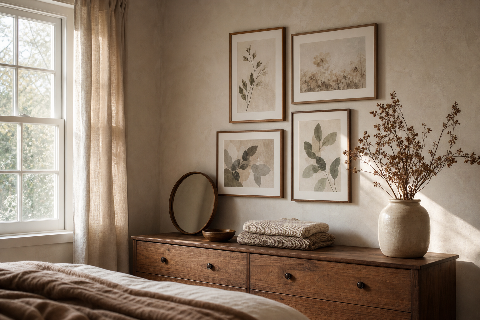Bedroom gallery wall with mixed botanical prints