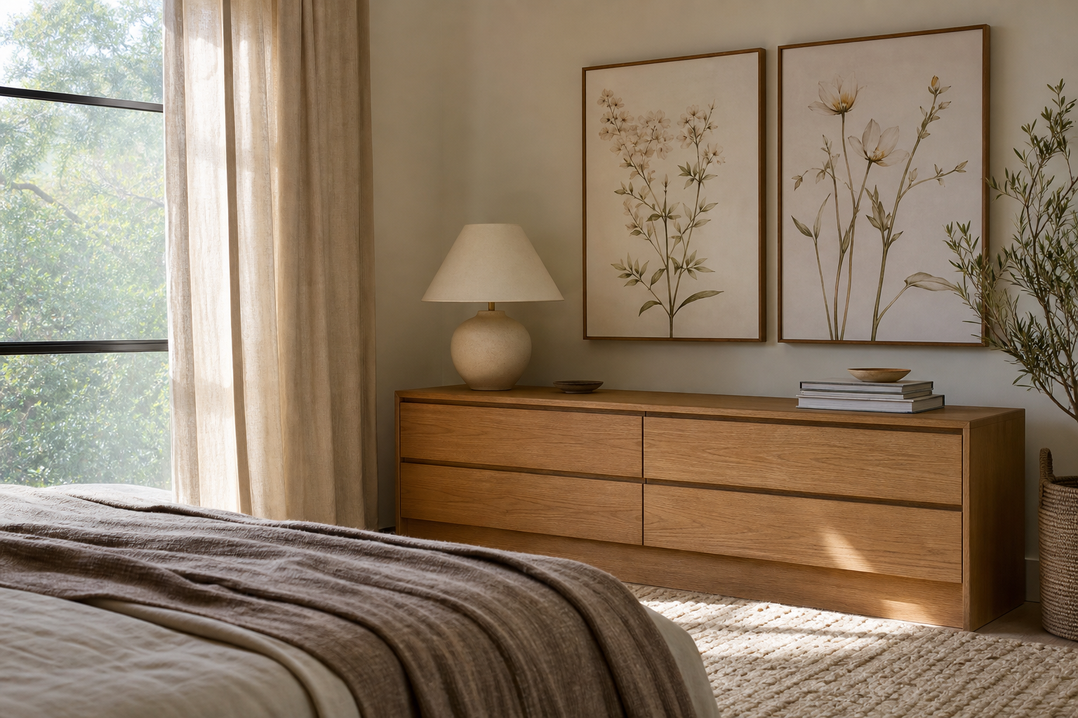 Bedroom corner with pale botanical prints and linen textures