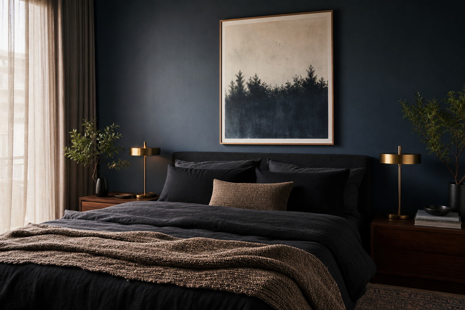 Dark bedroom with framed male portrait art