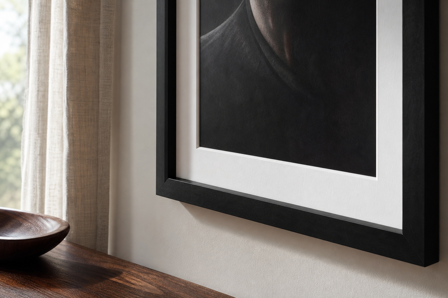 Close-up of dark frame and portrait print materials