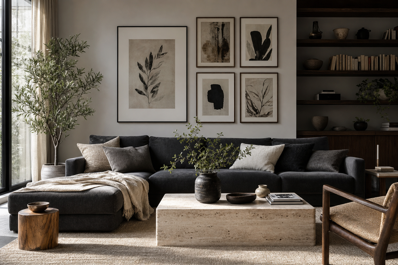 Living room gallery wall with dark portrait art