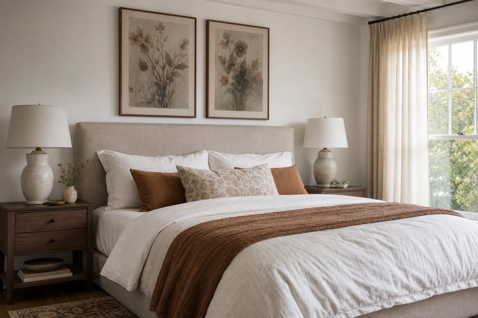 Bedroom with soft vintage-inspired framed art above bed
