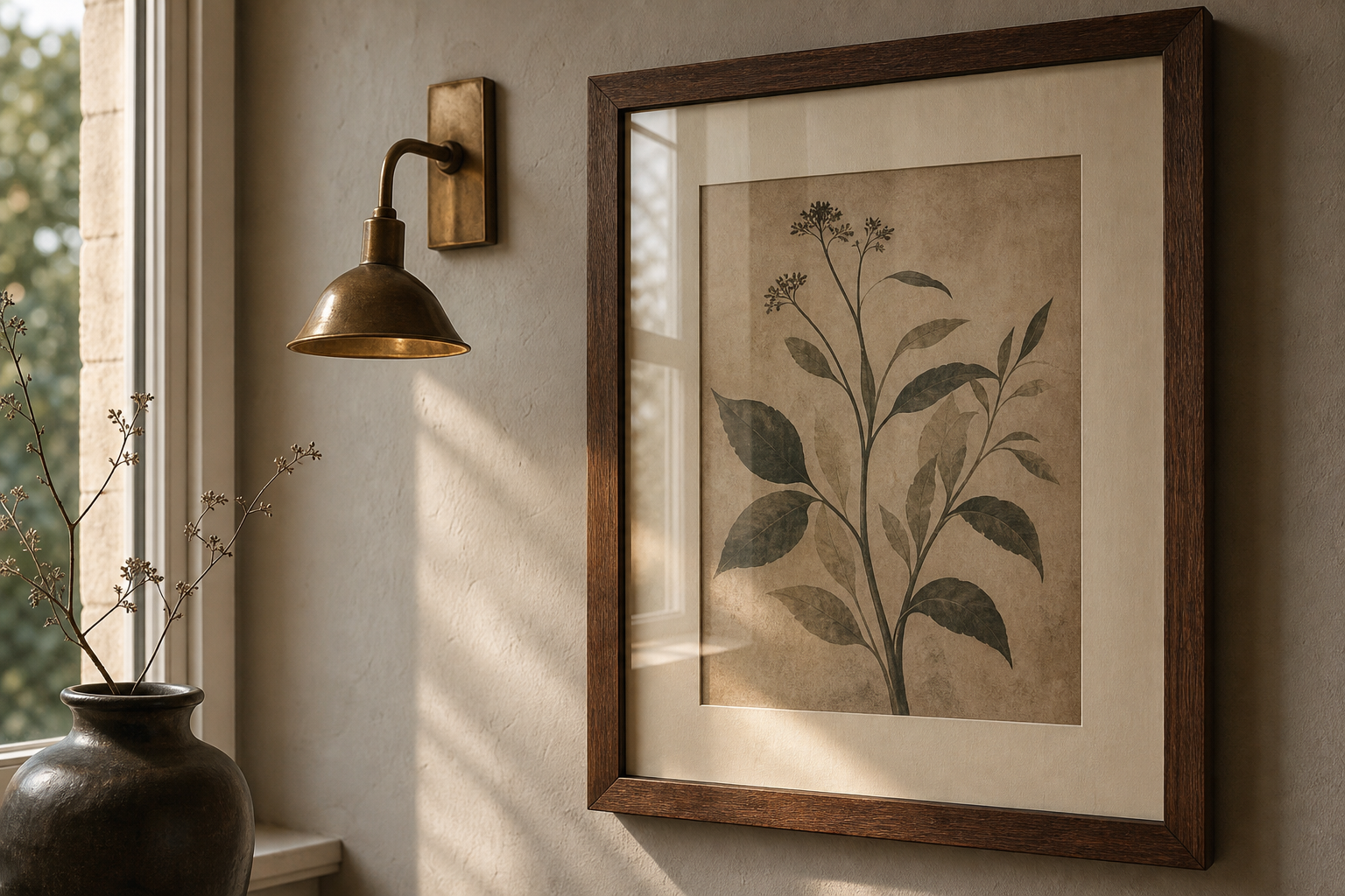 Close-up of vintage wall art in walnut frame with mount