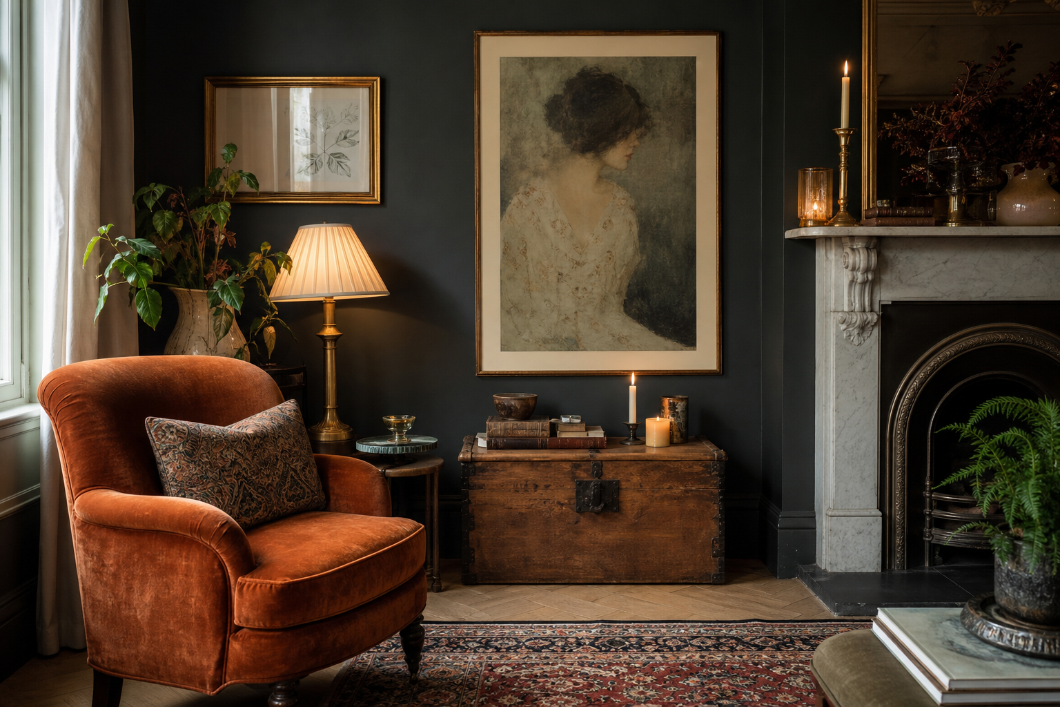 Eclectic living room with vintage portrait wall art