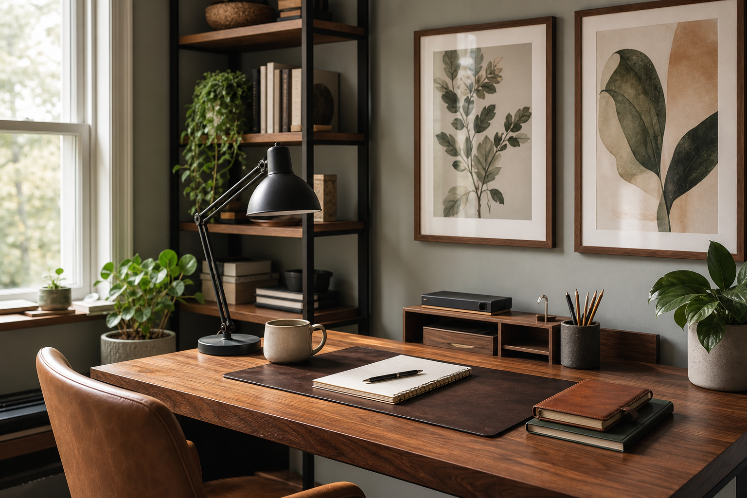 Home office with vintage scientific and typography wall art