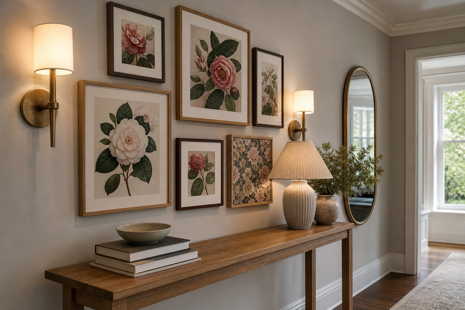 Botanical gallery wall with camellia-inspired floral centerpiece