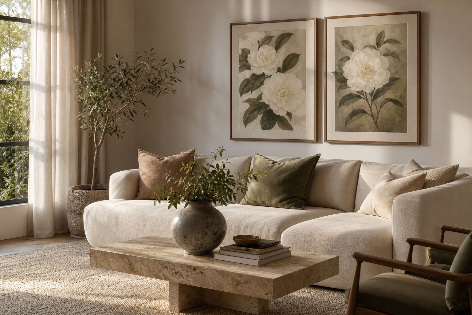 Camellia botanical print above a sofa in a warm living room