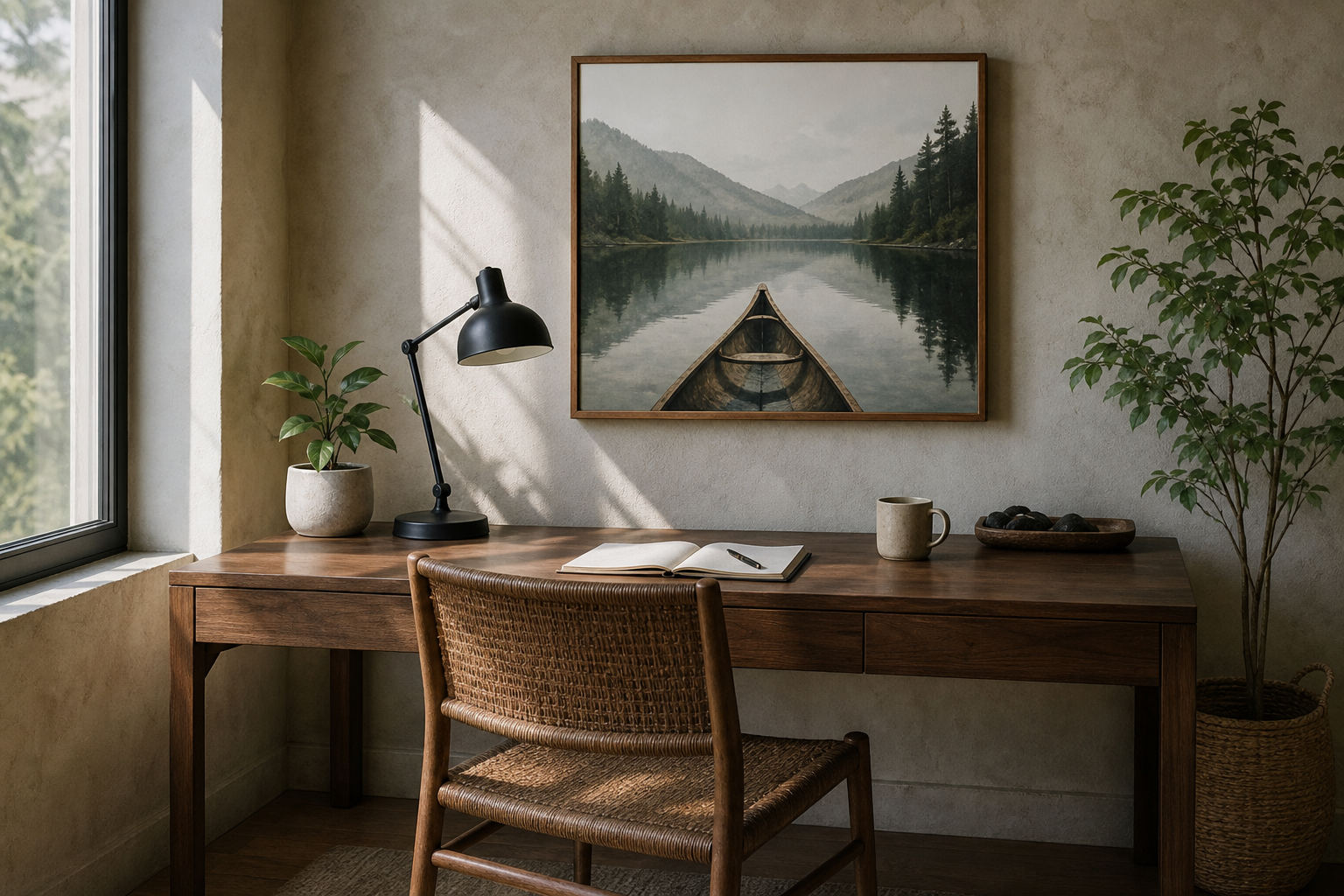 Calm home office with canoe artwork above a wooden desk