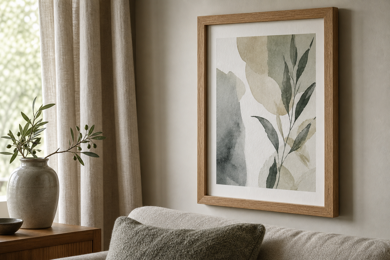Close-up of oak frame and canoe artwork with linen and wool textures nearby