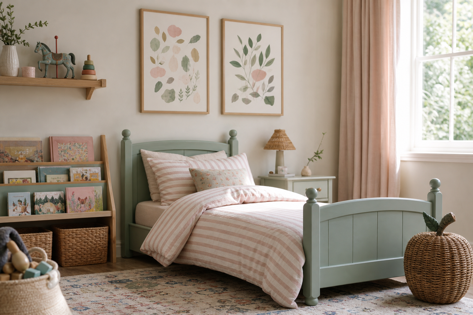 Children's room with pastel carousel wall art