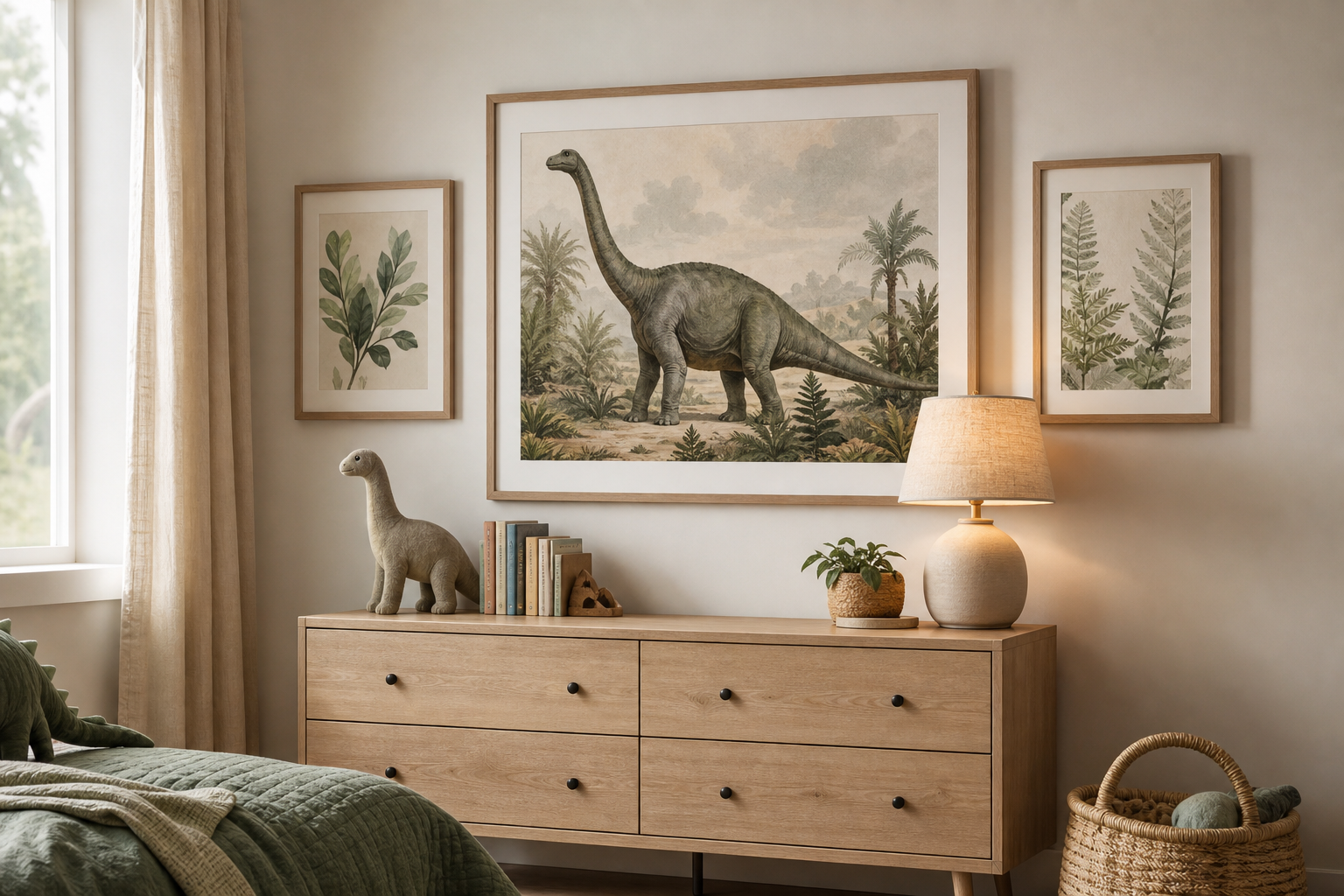 Bedroom wall arrangement with one large dinosaur print and smaller companions
