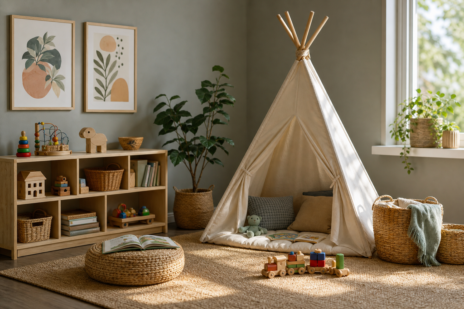 Playroom with cartoon-inspired framed wall art