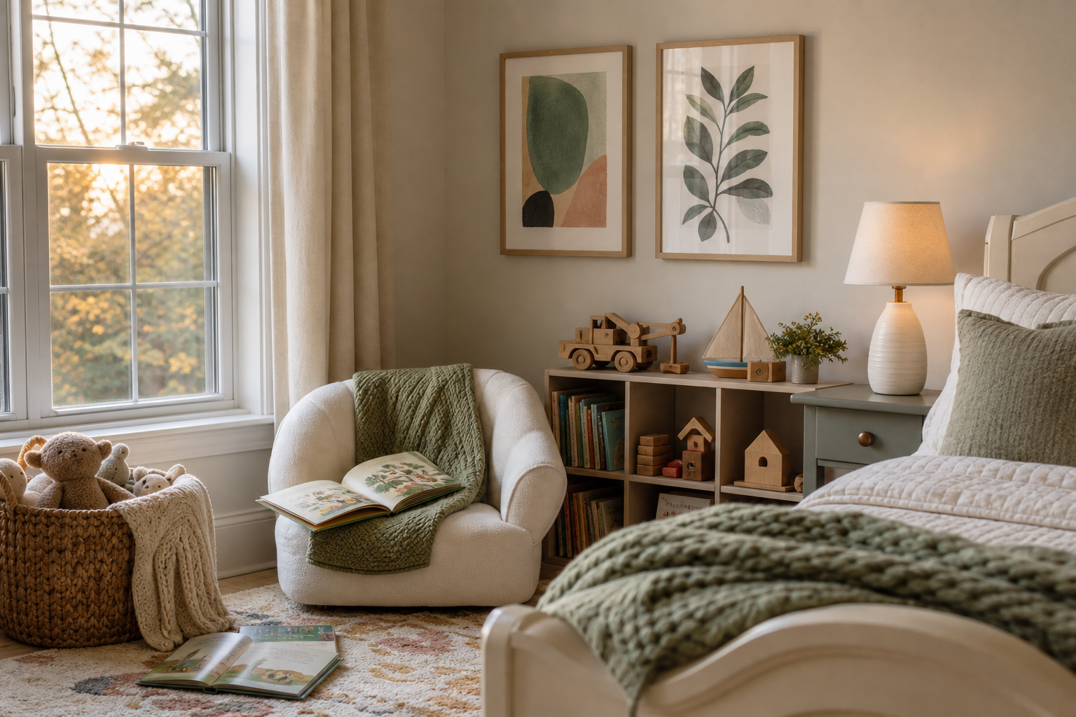 Kids bedroom corner styled with books and playful wall art