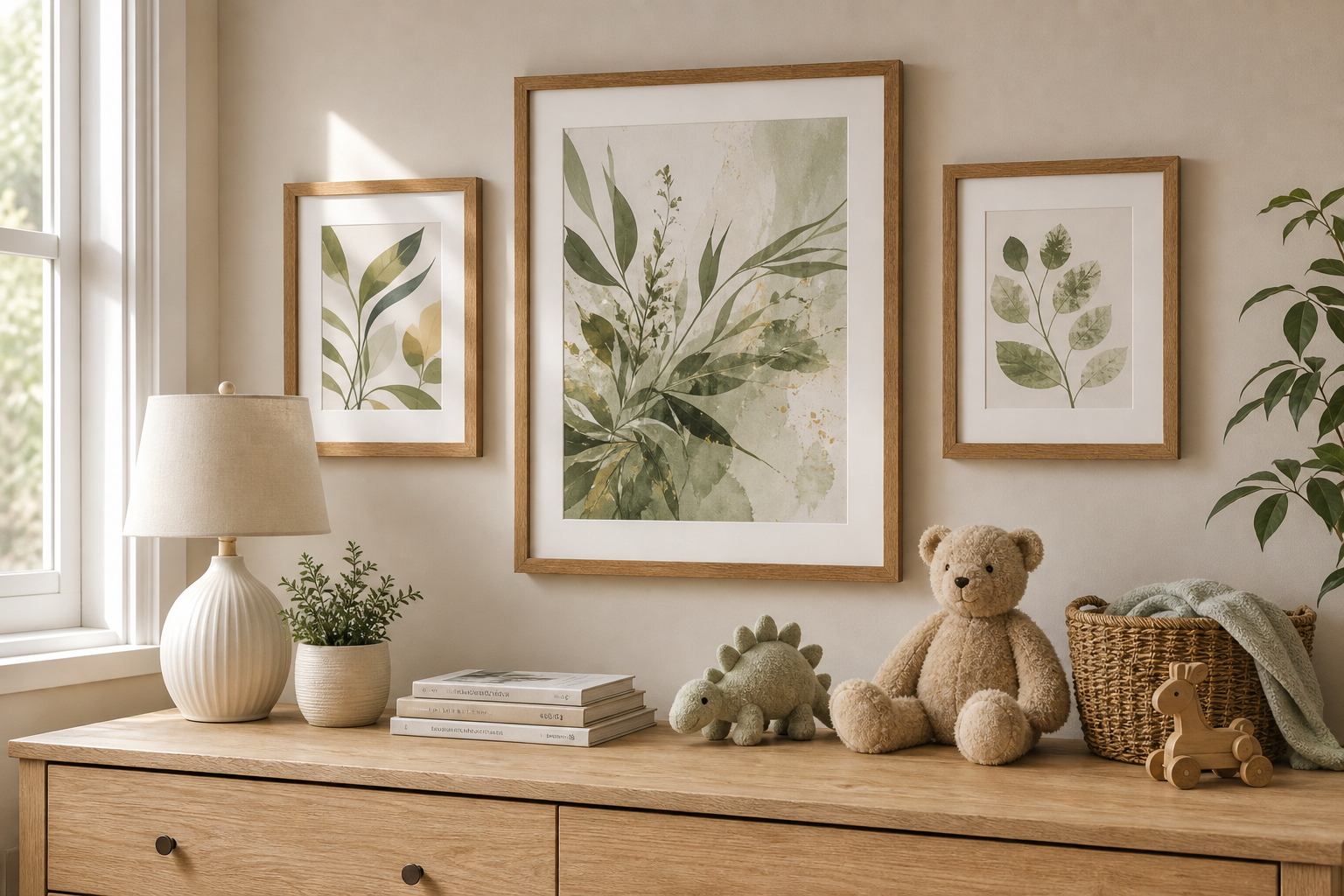 Example gallery wall in kids room with balanced frame layout
