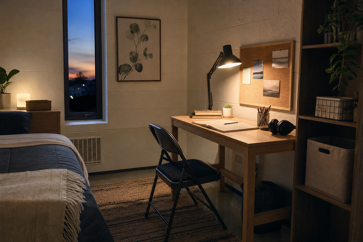 Dorm desk corner with cassette-themed framed art
