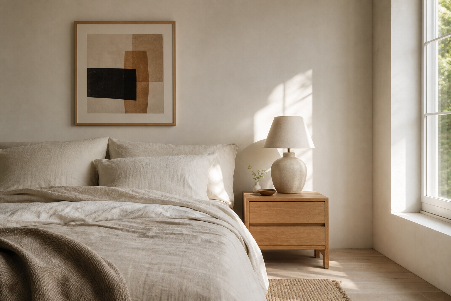 Minimal bedroom with cassette wall art in oak frame