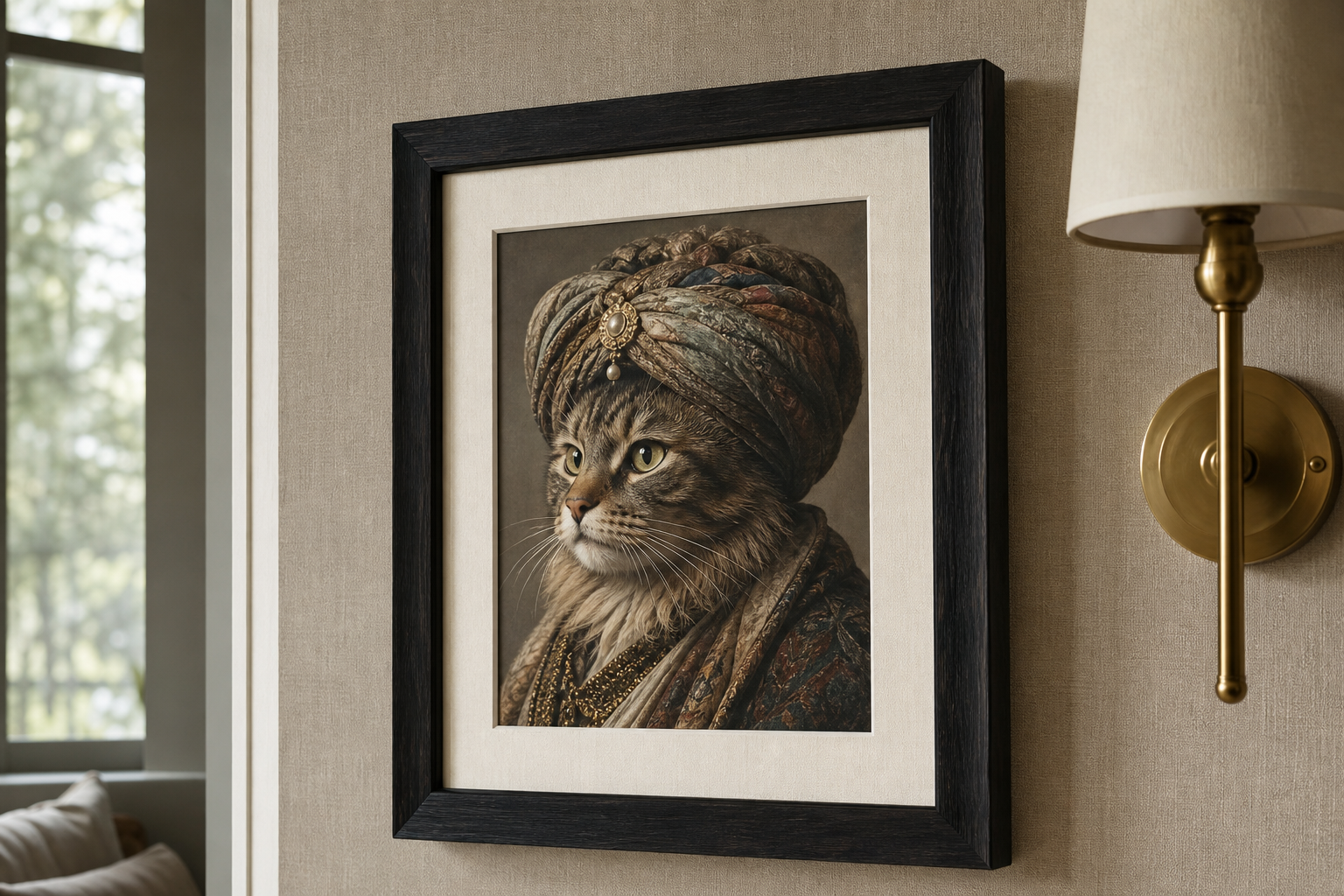Close-up of black wood frame and mat around whimsical portrait art