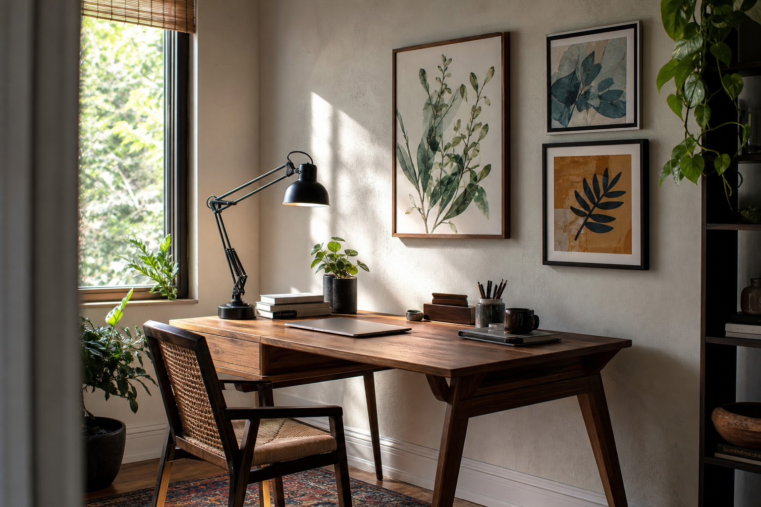 Home office corner with eclectic portrait wall featuring whimsical animal art