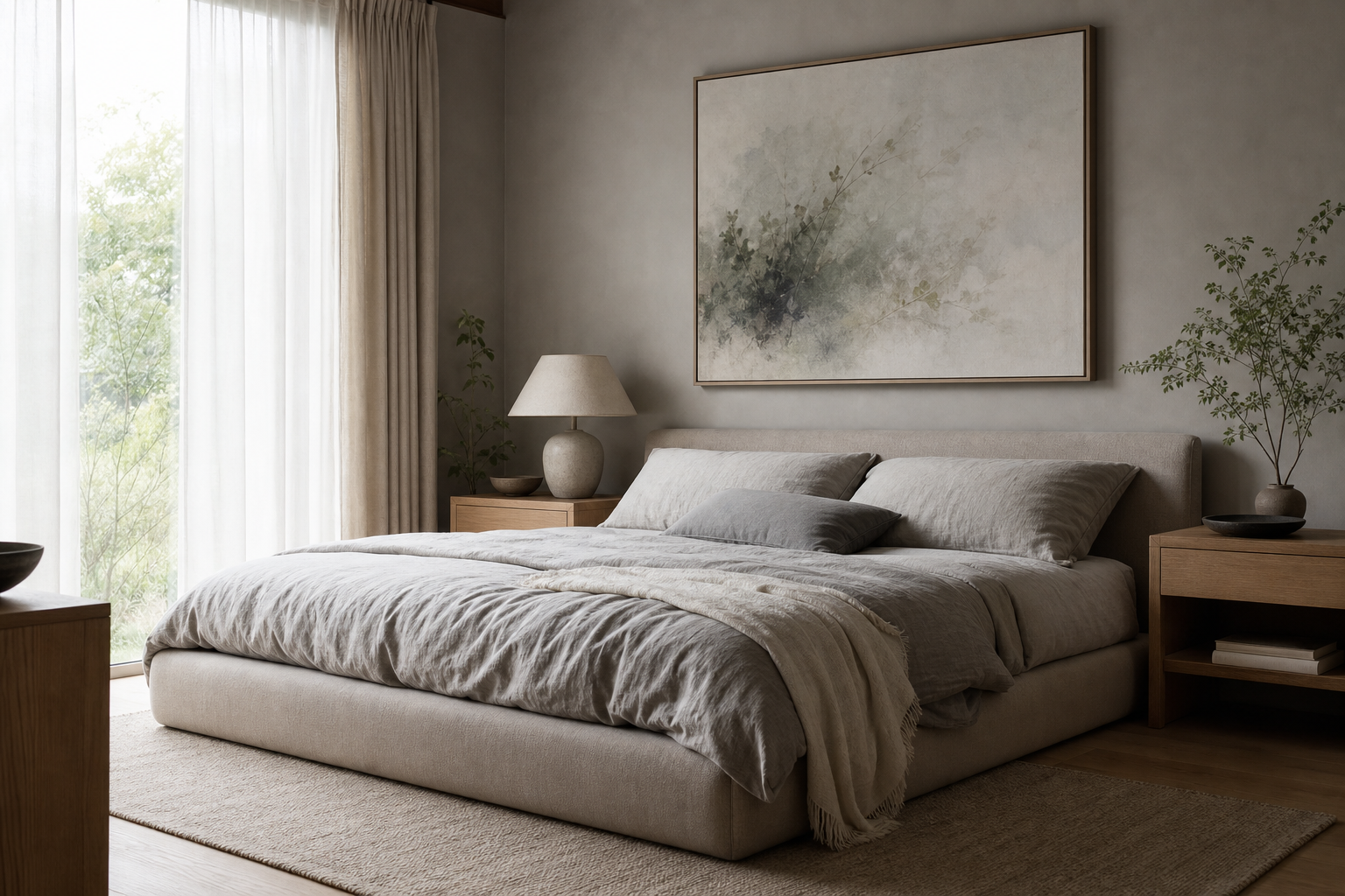 Bedroom with calm citadel artwork above the bed