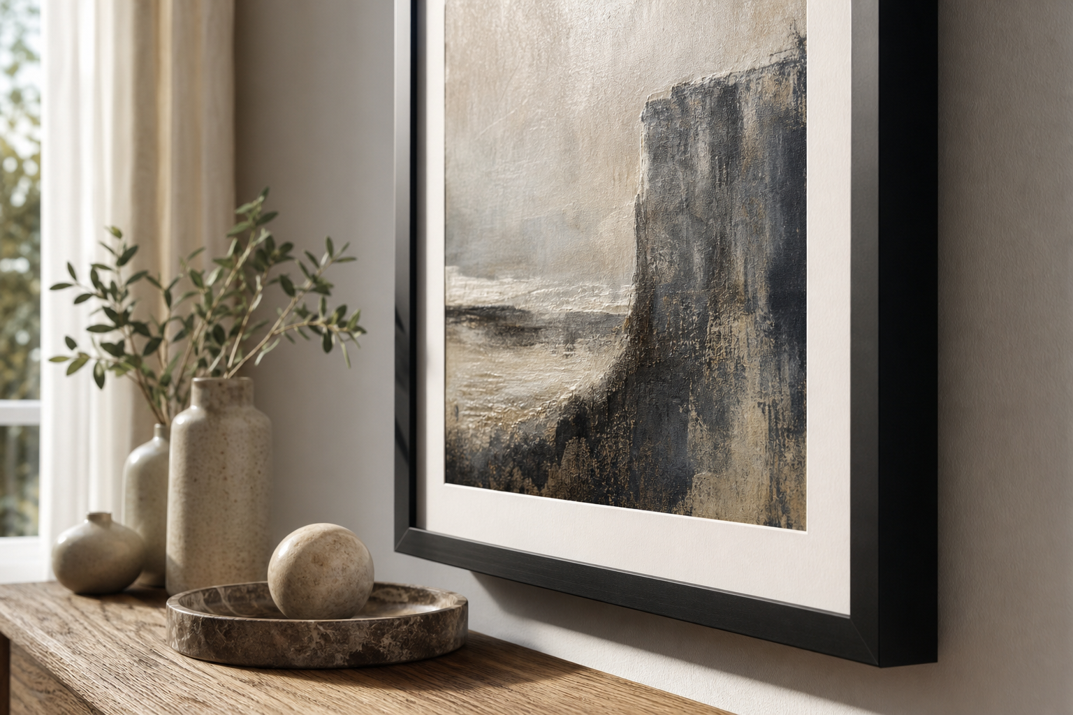 Close-up of black frame and textured citadel art
