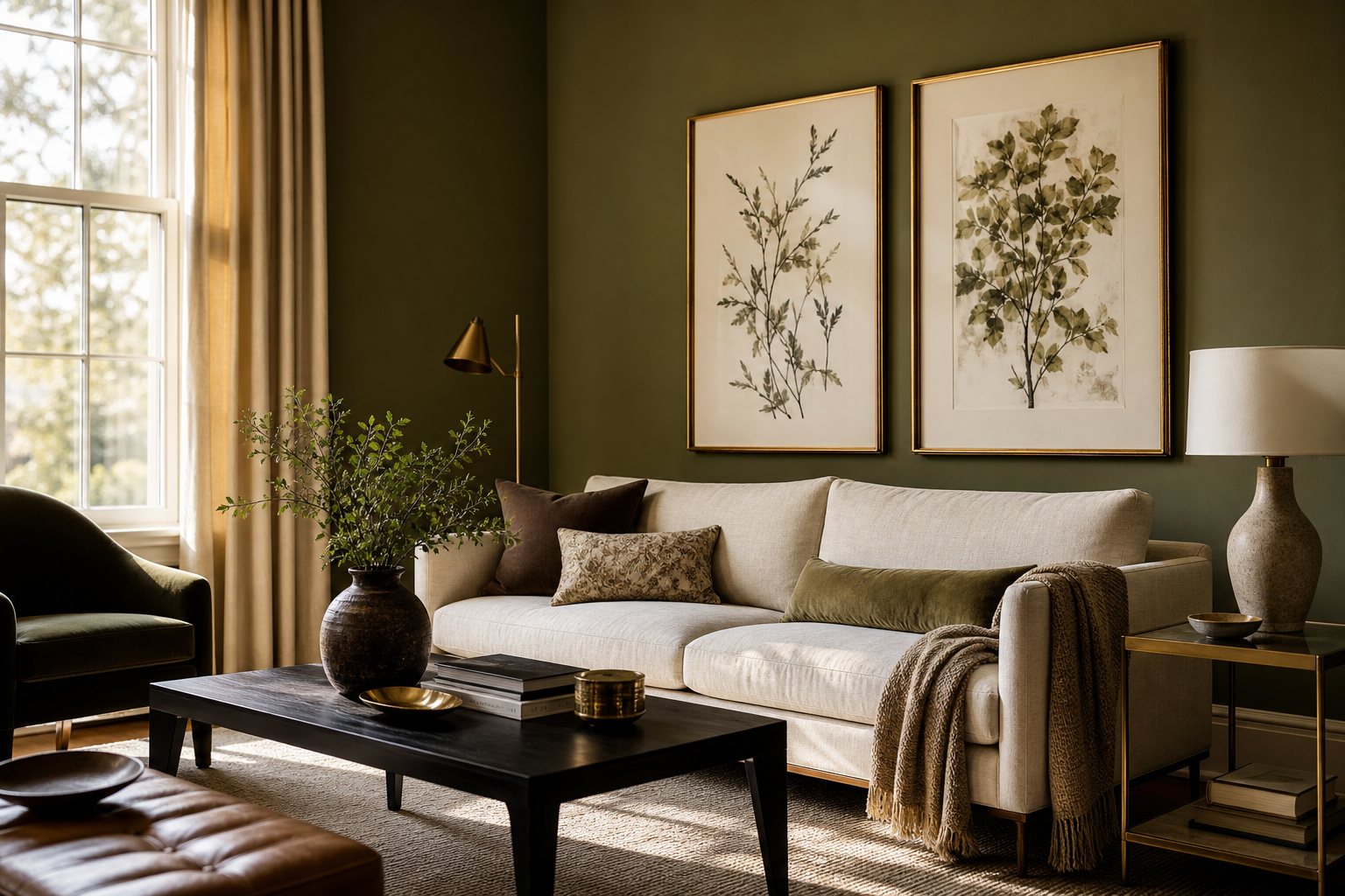Living room in stone and deep green tones with citadel art