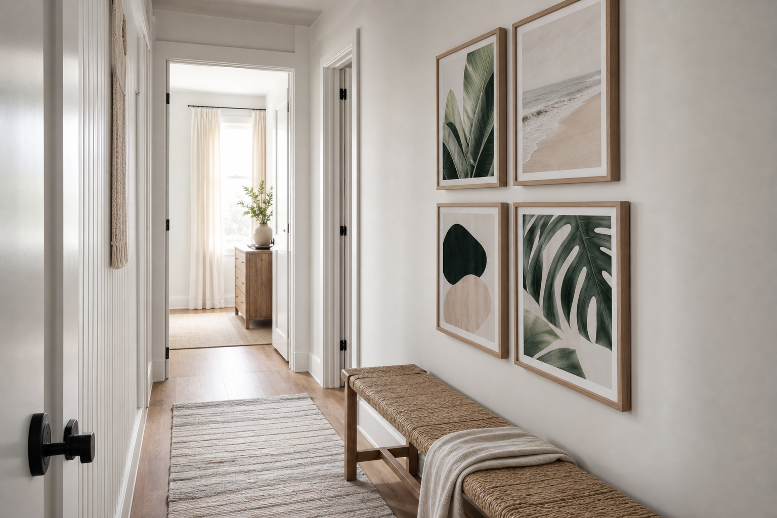 Coastal hallway gallery wall with botanical and landscape prints