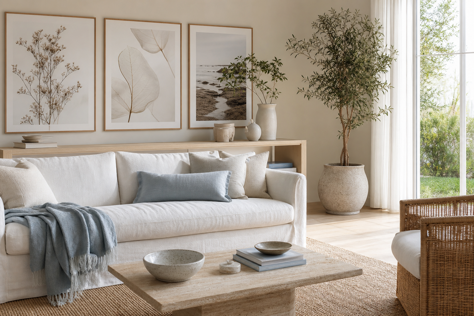 Coastal living room with layered botanical and seaside artwork