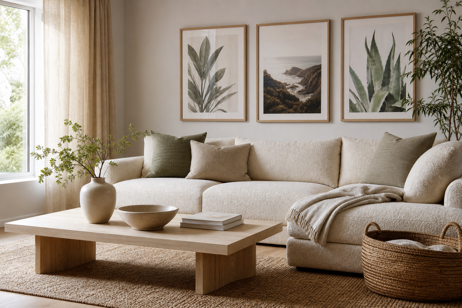 Airy living room with soft coastal botanical wall art over a textured sofa