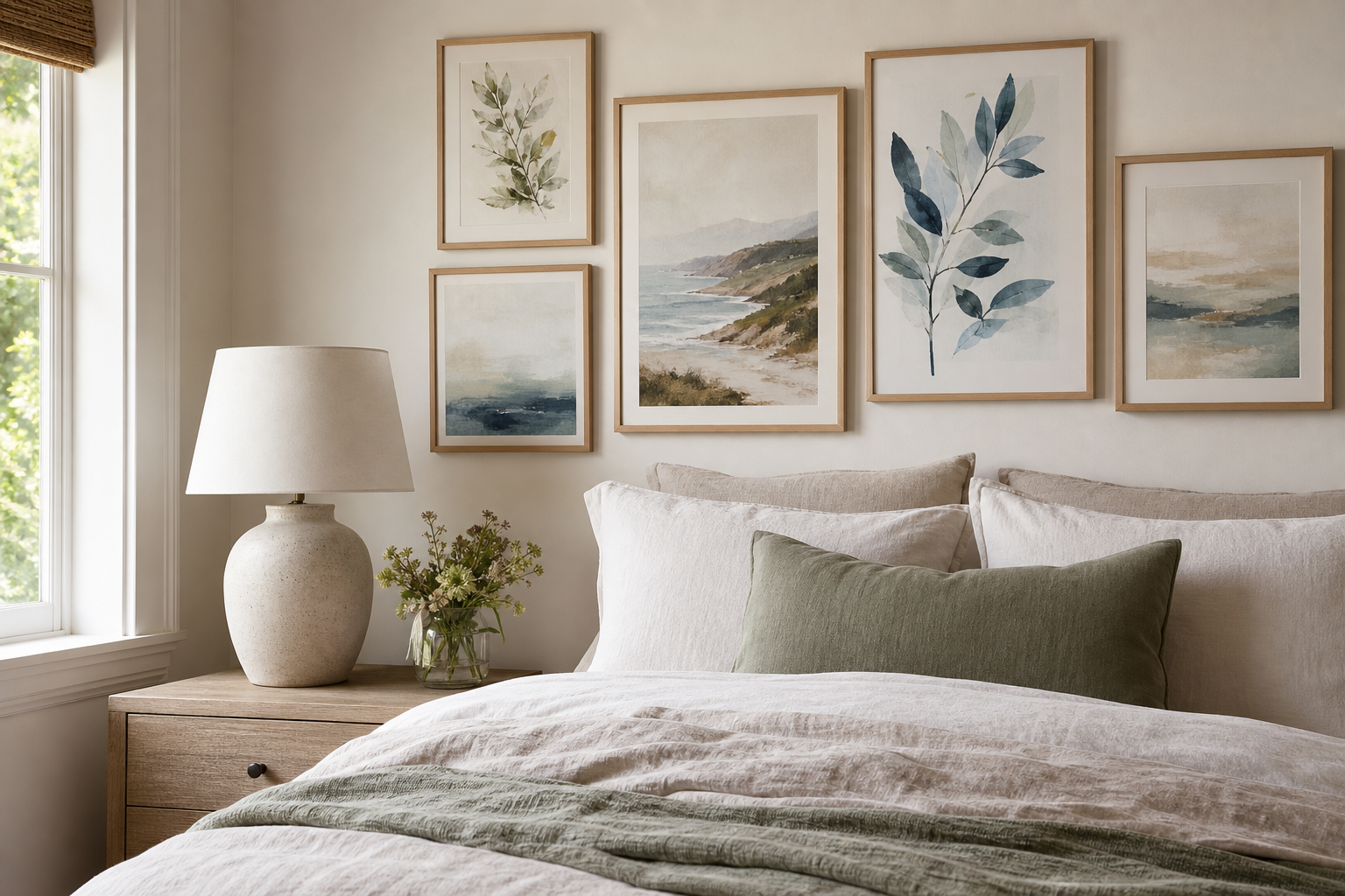 Bedroom gallery wall with coastal and botanical art in light wood frames