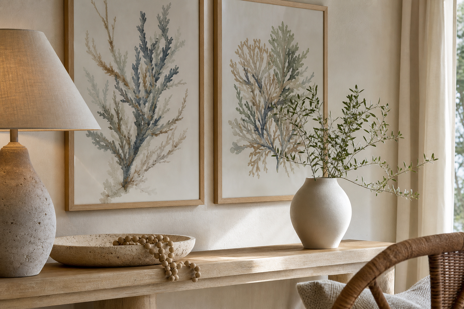 Console styling with wood, stone, linen and framed coastal botanical art